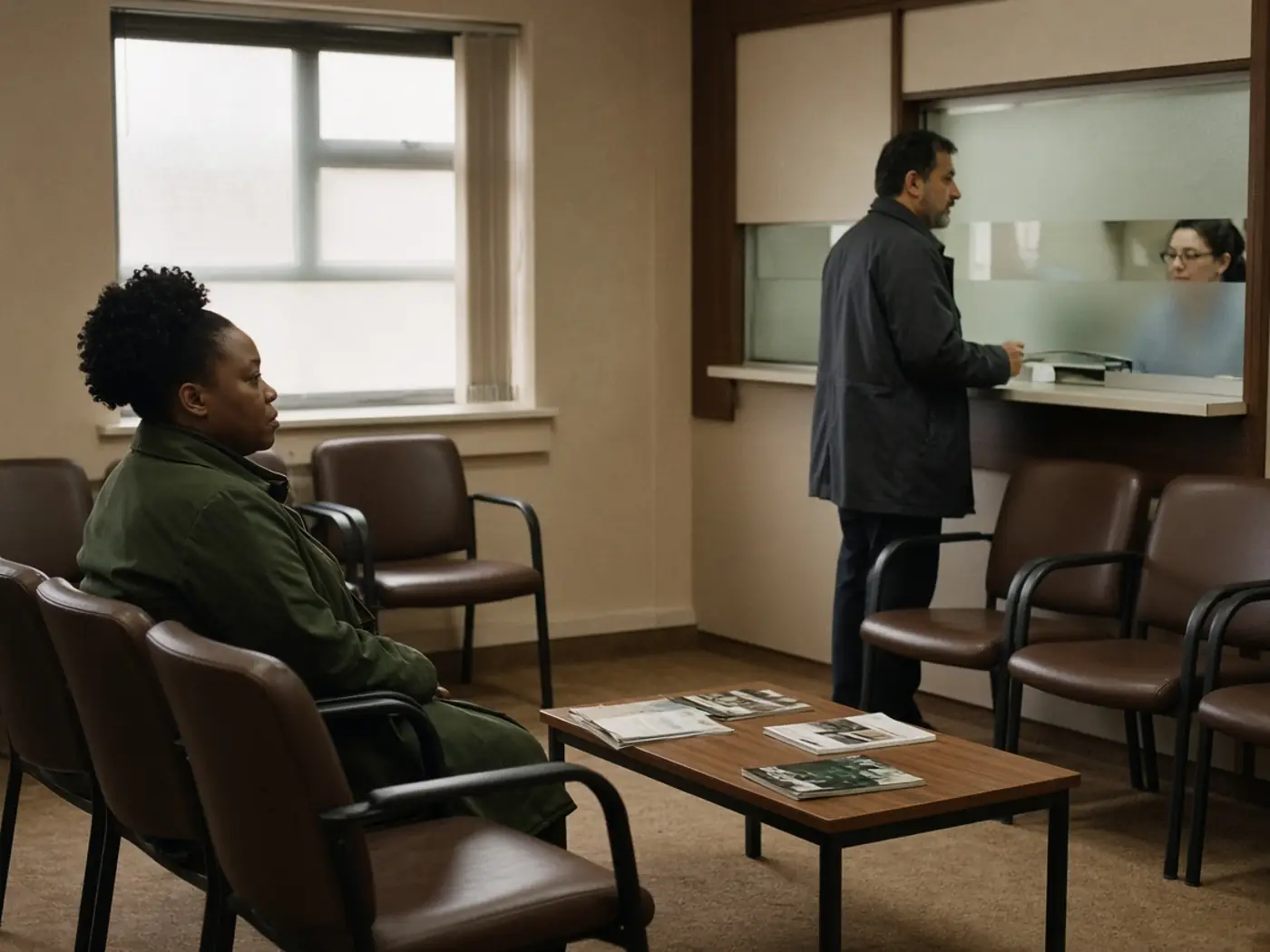 A woman waiting in a reception room while another adult speaks at the window