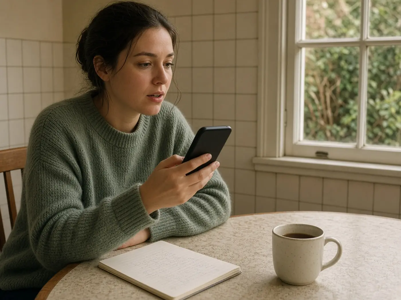 A woman speaking a short practised answer into a phone at a kitchen table