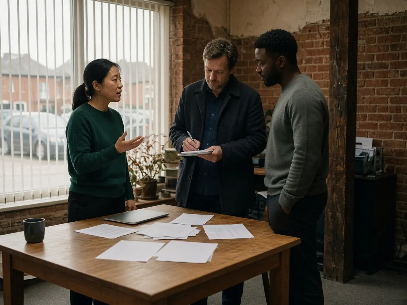Three colleagues in a small workplace huddle taking turns to speak