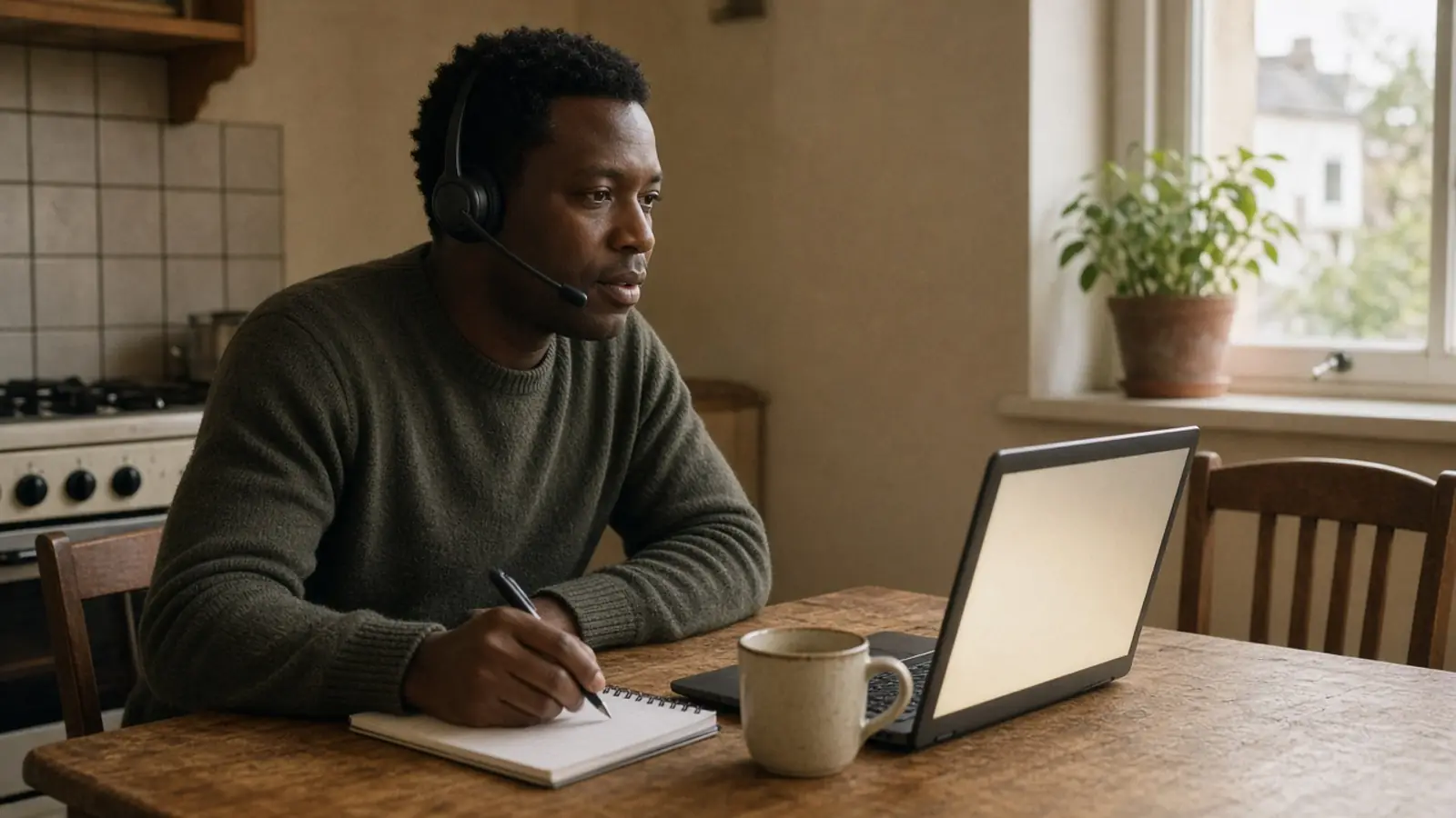 A man in a live online workplace English class at a kitchen table