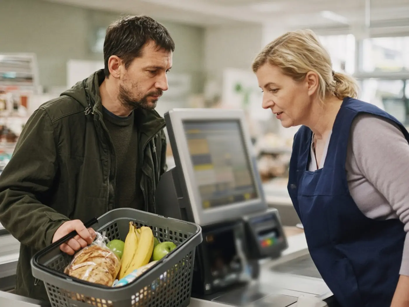 A shopper and a supermarket assistant talking at a self-checkout